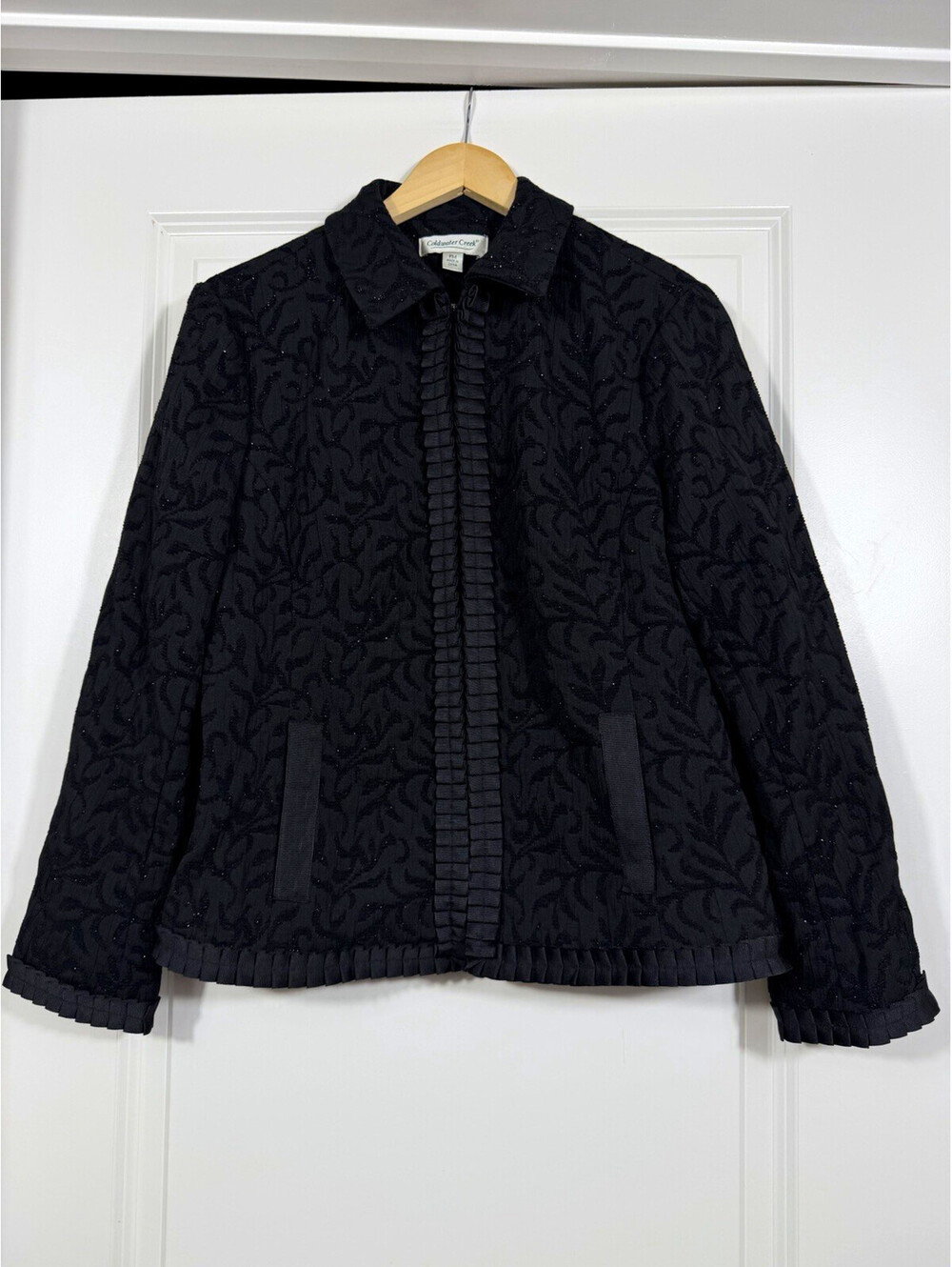 Coldwater Creek Black Jacquard Jacket PM Sparkle Leaf Pattern Elegant Glam Vtg